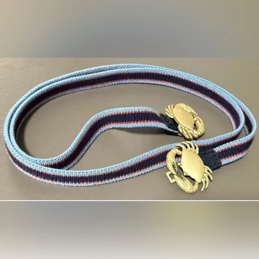 Tory burch Crab Clasp Striped Webbing Skinny Elastic Belt Blue Red